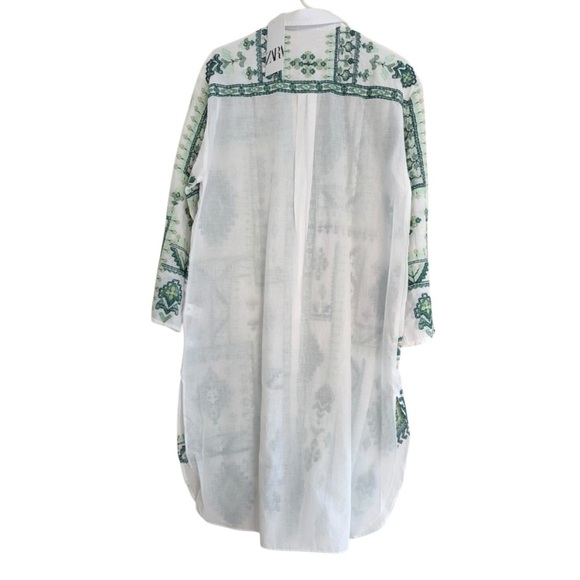 Zara Womens Lg White Green Embroidered Tunic Collared Shirt Dress Boho Cover Up - Picture 7 of 15